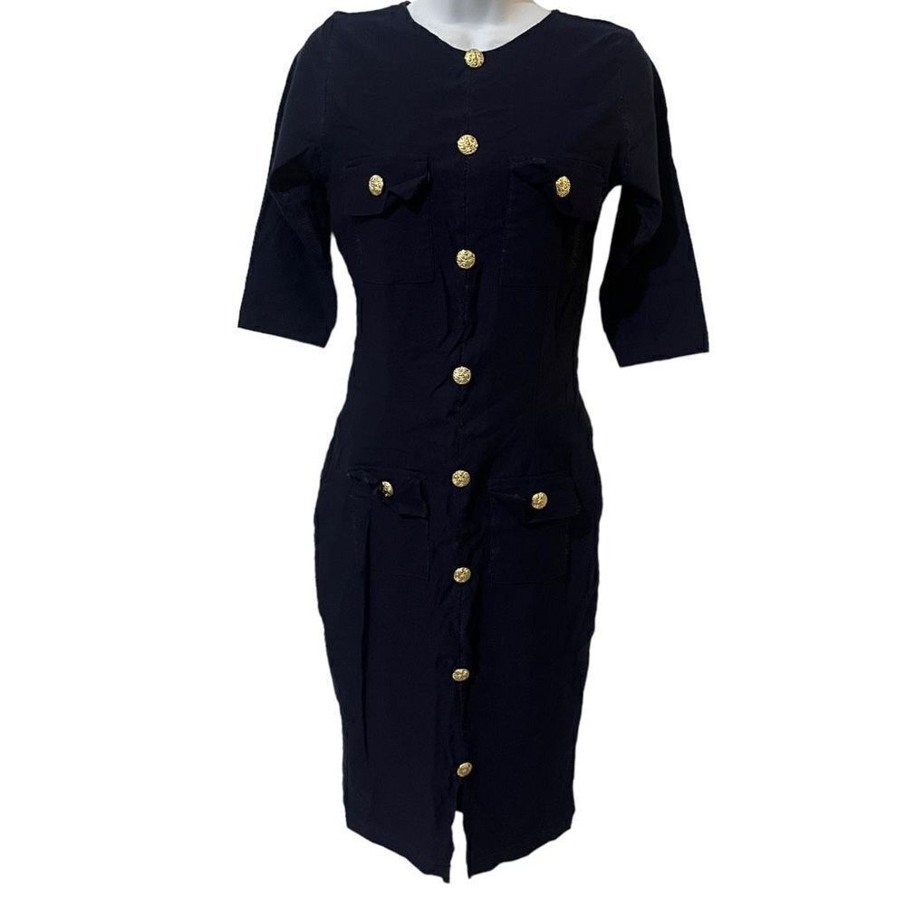 Renata Simonceles Women's Navy Crew Neck Midi Dress Gold Buttons Small